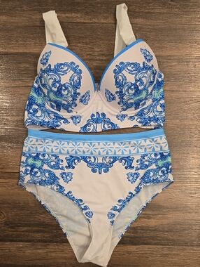 SHEIN White & Blue High-Waist Bikini Set